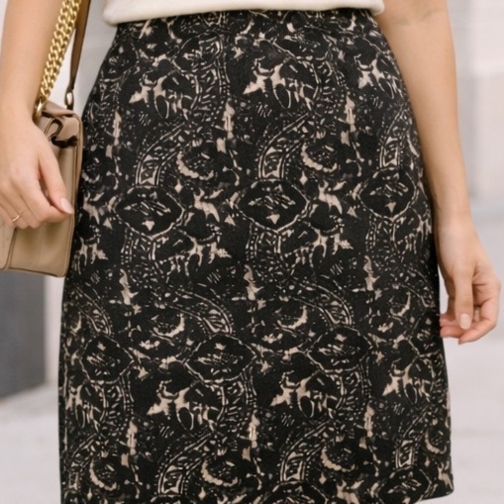 TALBOTS Black Paisley Gothic Pleated Lined Cotton Blend Pencil Skirt Size 12